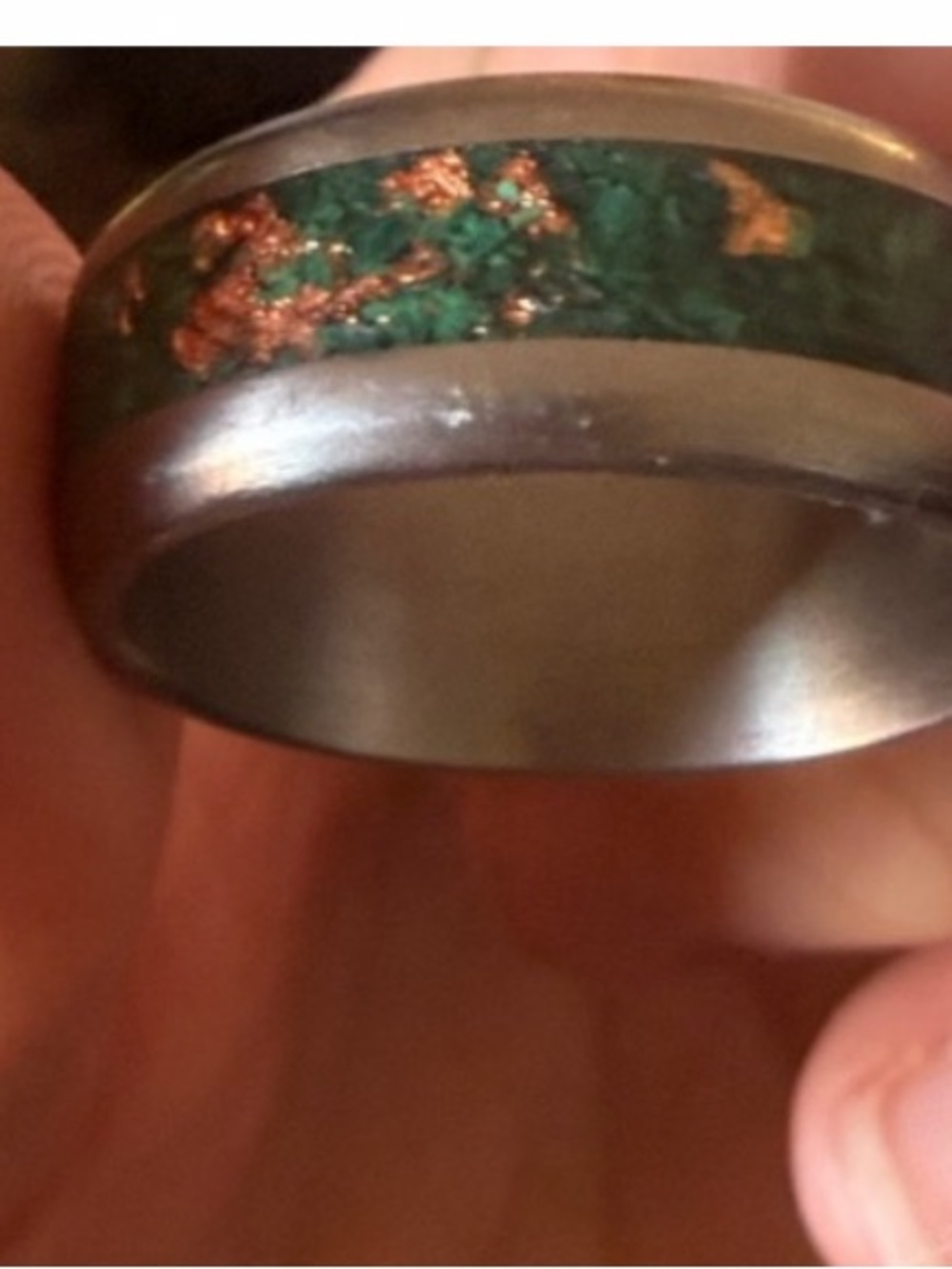 Vintage Green Malachite Inlay Stainless Steel Band Ring with Copper Flecks